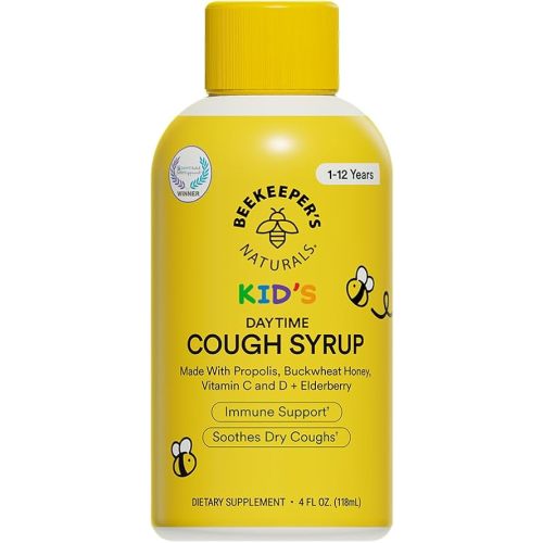 Beekeeper's Naturals Propolis Honey Cough Syrup Daytime for Kids Immune Support with Elderberry, Vitamin C, Vitamin D & Raw Honey - Throat Soothing - Gluten Free & Clean Ingredients, 4 oz.