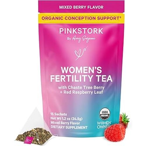 Pink Stork Organic Fertility Tea for Women | Fertility Supplements for Women with Chaste Tree Berry (Vitex) + Red Raspberry Leaf | Hormone Balance Herbal Tea for Conception Support | USDA Organic, Caffeine Free - Mixed Berry, 15 Sachets