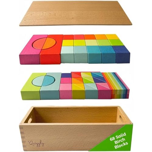 Quiggly Montessori Wooden Rainbow Building Blocks - 68 Pc STEM Toy Set