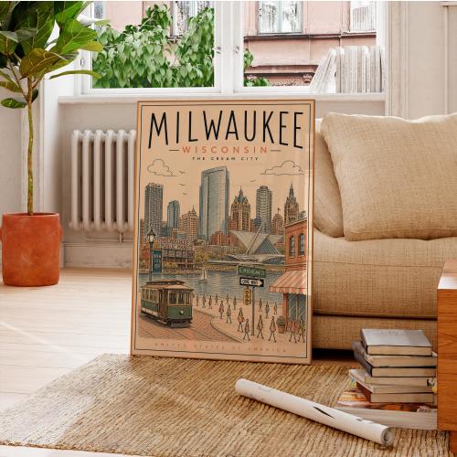 Milwaukee Wisconsin Poster, Vintage Travel Wall Art, Retro City Skyline Print | Living Room, Office, Dorm | Housewarming Gift