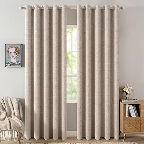 MIULEE 100% Blackout Linen Textured Curtains for Bedroom Solid Thermal Insulated Natural Beige Grommet Room Darkening Curtains & Drapes Luxury Decor for Living Room 62 x 84 Inch (2 Panels)