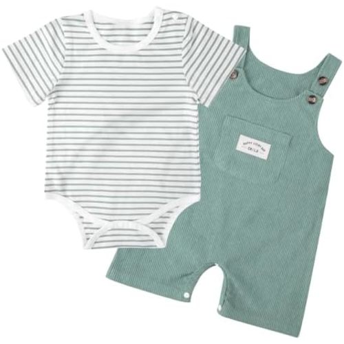 Baby Boys Bodysuit Summer Clothes Set 2-pcs Striped Romper & Overalls Shorts Set Jumpsuit 0-12 Months