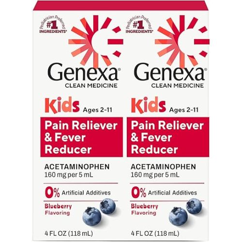 Genexa Children's Clean Acetaminophen | Pediatrician Preferred Ingredients | Pain & Fever Reducer for Kids | Dye Free, 0% Artificial Additives | Ages 2-11, Delicious Organic Blueberry Liquid, 4 fl oz