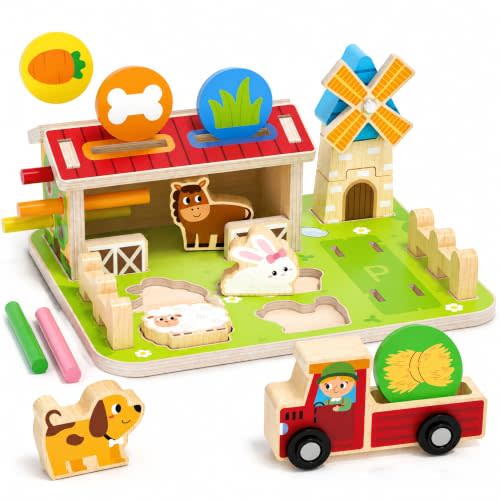 Wooden Farm Animal Puzzle for Toddlers 1-3, Montessori Shape Sorter Color Matching Coin Drop Fine Motor Skills Toy, Educational Learning Gift for Boys Girls