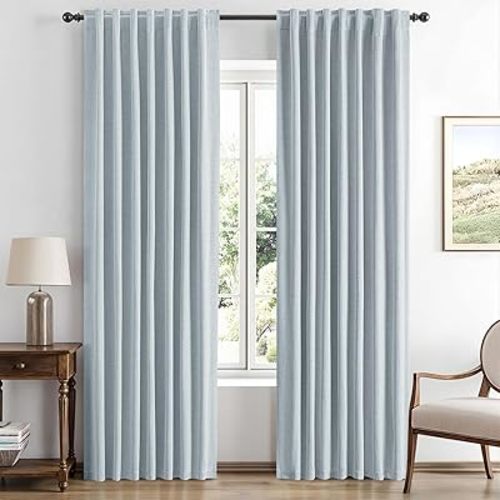 MIULEE 100% Blackout Linen Curtains for Bedroom, Chambray Blue Solid Luxury Decor Thermal Insulation Room Darkening Drapes for Living Room Nursery Back Tab Rod Pocket 42 x 84 Inches, 2 Panels