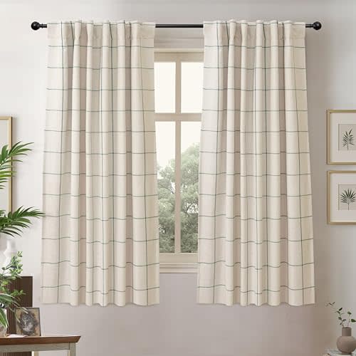 DriftAway 100% Blackout Plaid Linen Curtains W52xL63 Loden Green | 100% Blackout, Linen Texture, Plaid Pattern, Two Layers, Rod Pocket & Back Tab, Bedroom Living Room Use, Luxury Appearance