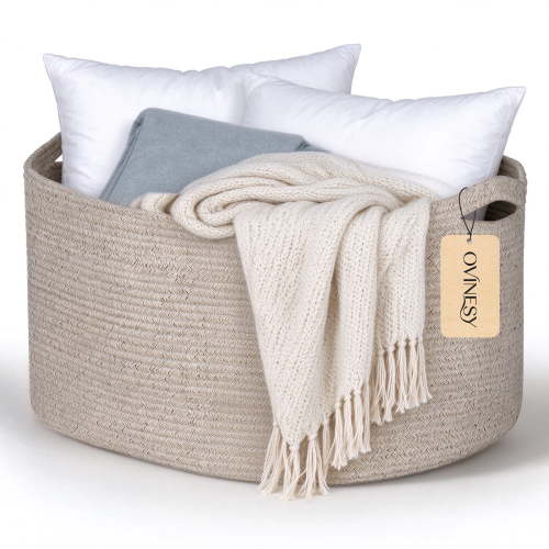 OVINESY 76 QT Large Woven Basket for Blankets, Pillows & Toys, Cotton Rope Storage Basket with Handles, Foldable Decorative Laundry Bin for Living Room, Bedroom, Nursery, Beige