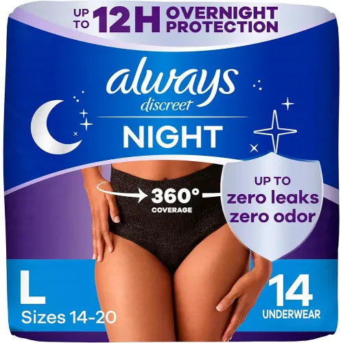 Always Discreet Adult Incontinence Overnight Underwear for Women, Large, Up to 100% Bladder Leak Protection, 14 Count