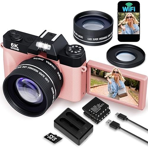 6K 64MP Digital Camera for Photography Vlogging Camera for YouTube, 180° Flip Screen, 16X Zoom Autofocus, Compact Travel Beauty Camera for Teens, with 52mm Lens, 2 Batteries, 32GB SD Card