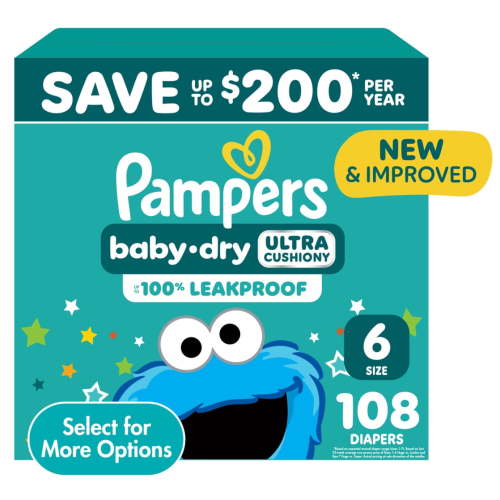 Pampers Baby Dry Diapers Size 6, 108 Count - Hypoallergenic, Leakproof, with LockAway Channels and Dri-Weave Liner