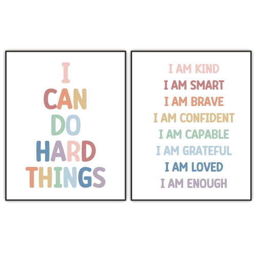 Kids Affirmations, Kids Wall Art, Classroom Wall Decor, Playroom Posters, Boho Nursery Decor, I Am Kind, I Can Do Hard Things, Kids Room Decor, UNFRAMED Prints Set of 2 (8"x10")