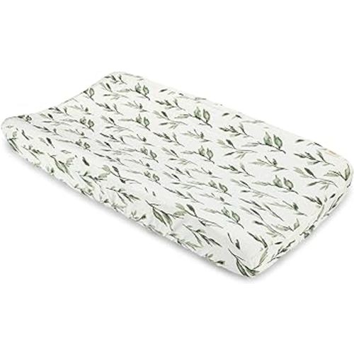 Crane Baby Green Leaf, Quilted Changing Pad Cover, 100% Cotton Sateen, 16in X 32in, Fitted with Elastic, Soft, Machine Washable, Neutral Nursery Essential