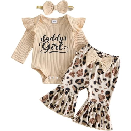 fhutpw Newborn Baby Girl Clothes Rib Frill Romper Leopard Flared Pants Set
