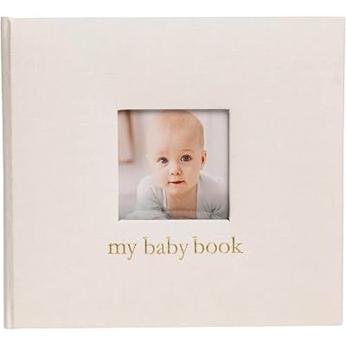 Pearhead Linen Baby Memory Book, Baby Keepsake with Guided Pages and Photo Insert for Early Childhood Milestones, Ivory