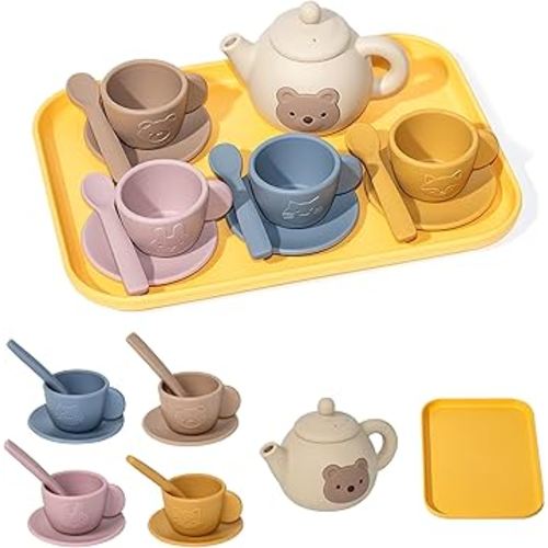 Tea Party Set for Toddlers, Silicone Play Tea Set for Girls and Boys 3 4 5 6 Years Old, Kitchen Pretend Paly Toys with Teapot 4Cups 4Coasters 4Scoops and Tray, Leaning Educational Toys for Kids Gifts