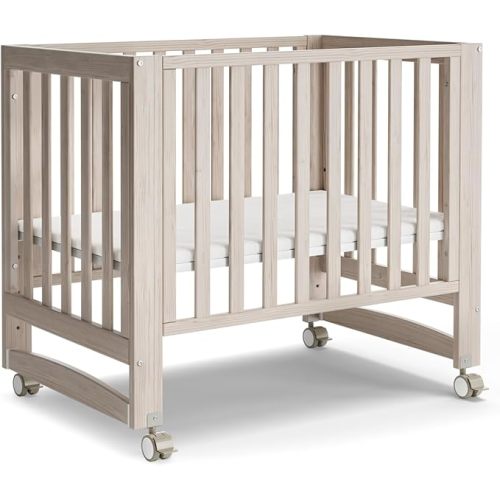 MAMAZING EvoNest Baby Crib, 3 in 1 Convertible Mini Crib with Wheels, 100% New Zealand Wood Crib, 4 Adjustable Mattress Height, GREENGUARD Gold Certified, Washed Natural