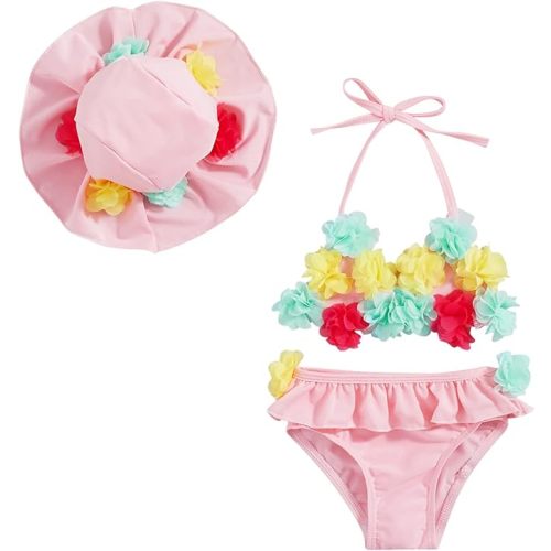 Yccutest Infant Baby Girl Flower Swimsuit 3Pcs Halter Triangle Tops Ruffle Bottoms Sun Hat Bikini Set Bathing Suit Swimwear