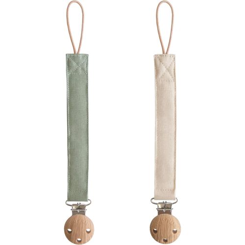 mushie Linen Baby Pacifier Clip | Soft Fabric Strap, 2-Pack (Olive/Shifting Sand)