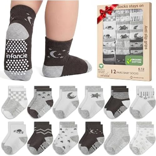 GOTS Organic Cotton Blend 12 Baby Newborn Socks Boy 6-12 M Non Slip Gift