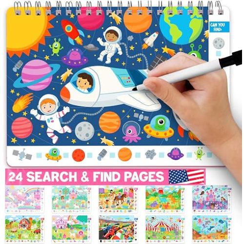 Search and Find Books for Kids 3-5 - Toddler Seek and Find It Game, Preschool Learning Activities, Dry Erase Hidden Pictures Book, Road Trip Busy Book Activities for Kids, Travel Toys Search It Game
