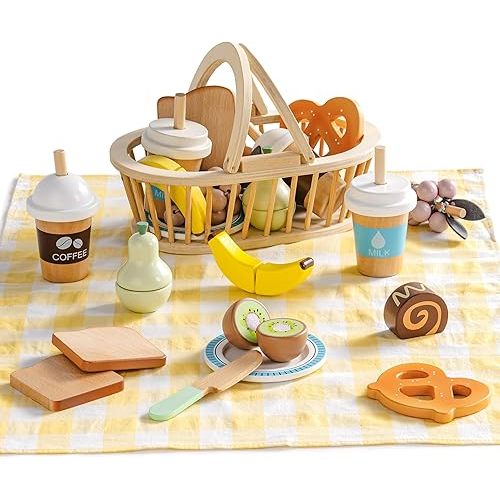 ROBUD Wooden Play Food for Kids, Picnic Cutting Fruit for Toy Kitchen Accessories, Picnic Basket Toy Set with Realistic Play Food, Develop STEM & Make, Montessori Toys for Toddler, WG422