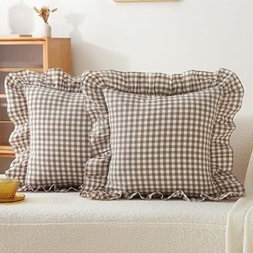 2 Pack 18 x18 inches Warm Taupe/White Checkered Throw Pillow Covers 100% Washed Cotton Vintage Ruffle Trim Decorative Gingham Pillowcases with Zipper Closure for Bed/Living Room