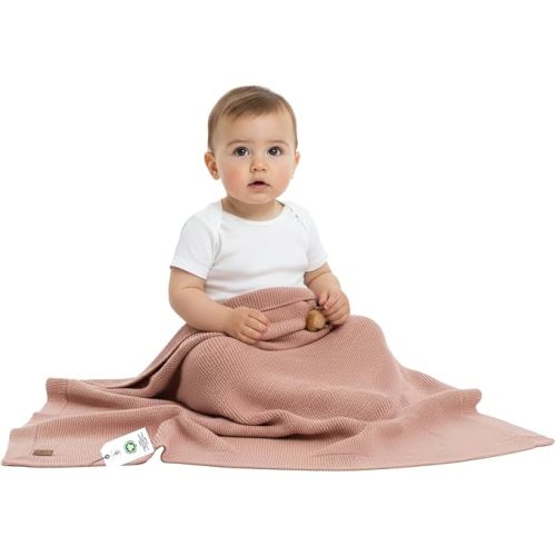 Baby Knit Blanket 30x40 in, Misty Rose – GOTS Certified 70% Organic Cotton & 30% Tencel Blend, Soft Breathable Swaddle for Newborns, Handmade Basket Presentation