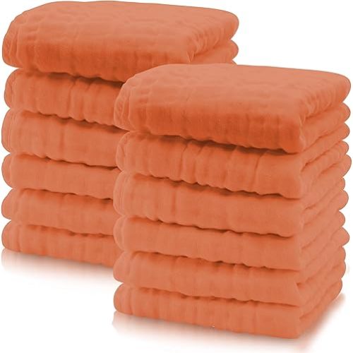 Cute Castle 12 Pack Muslin Baby Washcloths - Large 12'' by 12'' - Ultra Soft 100% Cotton - Super Absorbent Burp Cloths for Unisex, Boy, Girl -Vermilion