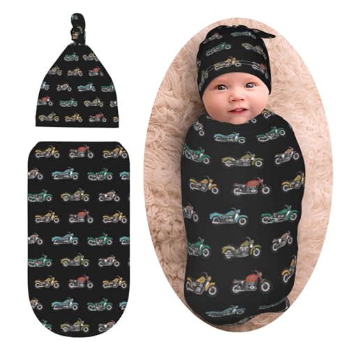 Cartoon Motorcycle Newborn Swaddle Blanket Baby Stuff Baby Swaddling Blanket with Beanie Set Soft Sleeping Sack for Unisex Girls Boys