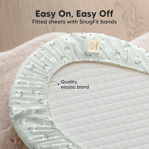 2-Pack Organic Bassinet Sheets for Girls, Boys - 100% Cotton Bassinet Mattress Sheets Compatible with Halo Bassinest Swivel Sleeper, Graco, Baby Delight, Chicco, Fitted Bassinet Sheets (Daisies)