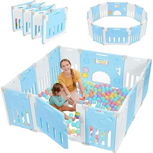 Baby Playpen, Dripex Baby Playard for Babies and Toddlers, 14-Panel Foldable Playpen Adjustable Portable Play Area, Indoor/Outdoor Kids Active Center with Game Panel & Safety Gate, Blue White