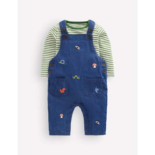 Woven Overalls Set-Denim Woodland Embroidery