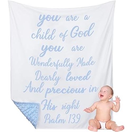 Rtteri Christian Gift for Baby Plush Baby Blanket with Dotted Backing First Communion Gift Baptism Blanket Scripture Swaddle Bible Verse for Newborn Boy Girl Christening Godchild Gift(Blue and White)