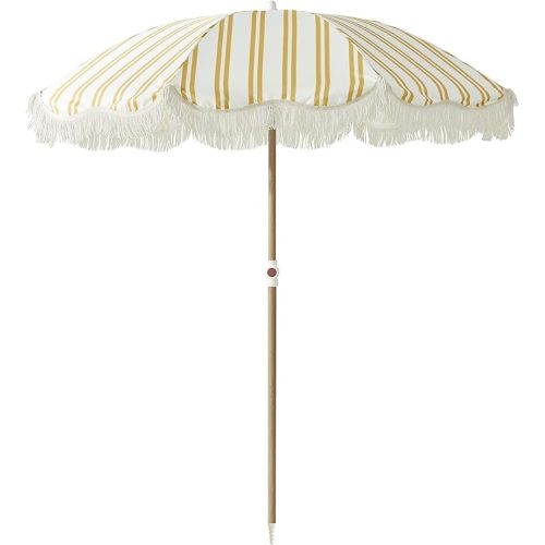 6FT Stripe Fringe Beach Umbrella for Sand with Sand Anchor, UPF 50+ Sun Shade with Tassels, Adjustable Tilt Pole, Portable Coastal Umbrella for Beach & Pool, Heritage Mimosa Stripe
