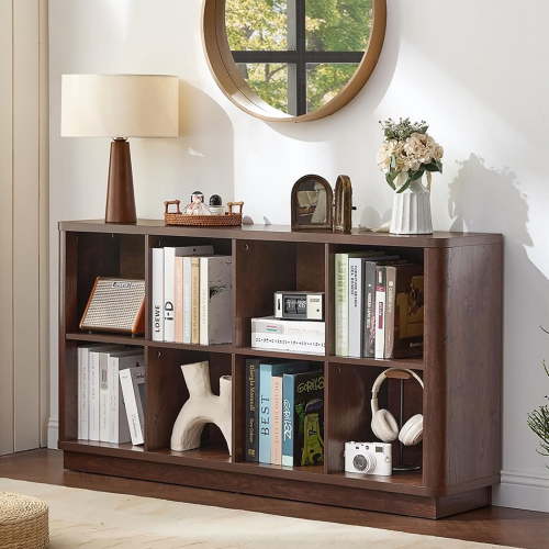 Joaxswe 52" Wood Horizontal 8-Cube Bookshelf, Farmhouse Long Bookcase, Low Wide Shelf for Under Window, Walnut, Office, Bedroom, Living Room