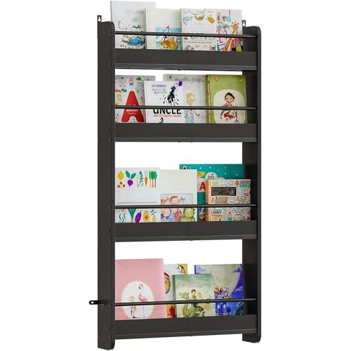 Kids Bookshelf, 4-Tier Wall Mount Bookshelf for Kids, Behind The Door Bookshelf, Hanging Book Shelf for Kids Room, Playroom, Bedroom, Living Room, Black KBBK7601