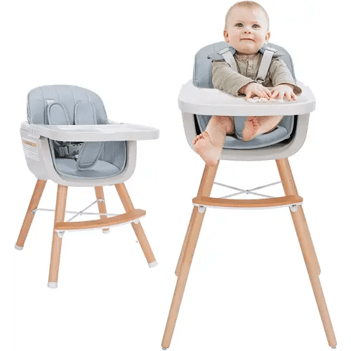3-in-1 Wooden High Chair,Baby High Chair with Adjustable Legs & Dishwasher Safe Tray, Made of Sleek Hardwood & Premium Leatherette, Blue Color