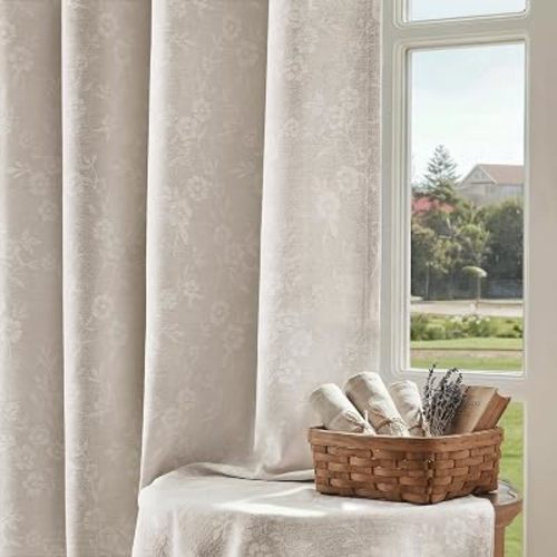 Beauoop Cream Floral Jacquard Blackout Curtains for Bedroom 52x84 2 Panels
