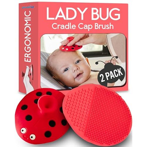 SplashEZ Cradle Cap Brush for Babies | Soothing Newborn Head Massager | Food-Grade Soft Silicone Baby Bath Brush & Scalp Scrubber | Infant Cradle Cap Comb - Organic Shape & Ladybug Design, 2-Pack