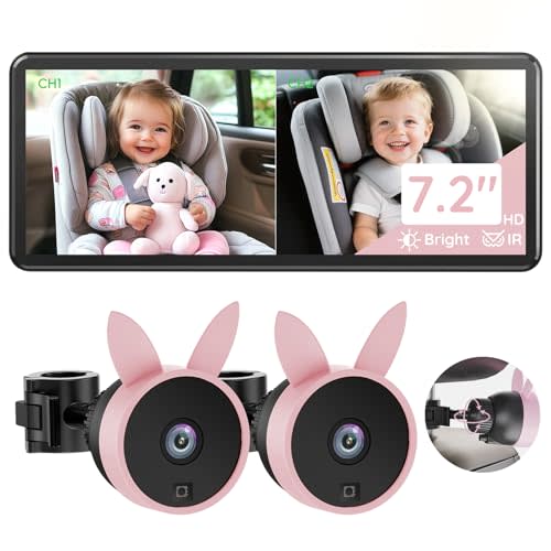 Babyvue BV3PRO 7.2" 1080P HD Dual Camera Car Baby Monitor for 2 Kids, IR Night Vision, Easy Installation, Brightness Adjustment, Car Seat Camera, Ideal Gift for Girls and Pets Monitoring