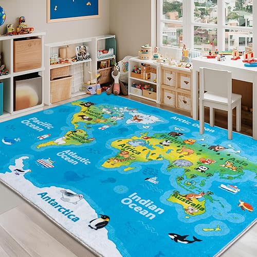 Kids Playroom Rug, 7x9ft World Map Play Mat with Cute Animals, Washable Durable Soft Carpet Kid Educational Rugs for Boys Girls Bedroom Nursery Classroom