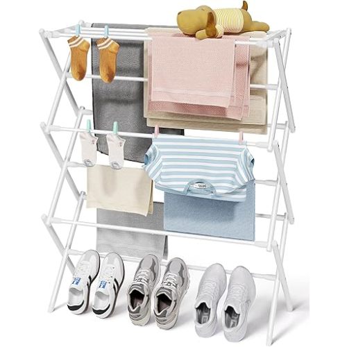 Sakugi Foldable Clothes Drying Rack – Metal Laundry Drying Rack with Non-Slip Feet, 3-Tier Space-Saving Clothing Rack for Organization, Indoor & Outdoor Use, 11.4" D x 29.1" W x 37.4" H, White