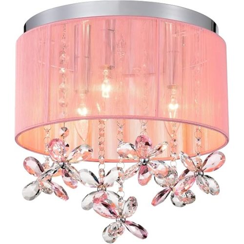 LaLuLa Pink Crystal Chandelier for Girls Bedroom, 3-Light E12 Flush Mount Ceiling Light Fixture, Handmade Cotton Shade, Elegant Small Chandelier for Nursery, Dressing Room, or Closet