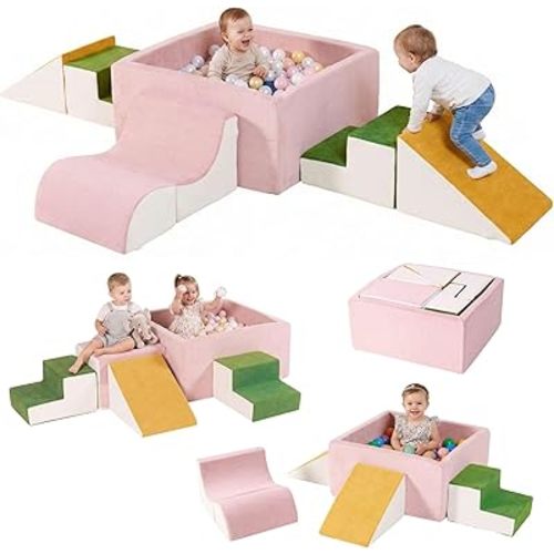 Foam Climbing Toys for Toddlers with Large Ball Pit, Foam Climbing Blocks, Soft Play Climb and Crawl Activity Playset, Toddler Play Crawling Climbing Sliding Indoor(Excluding Balls)