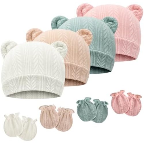 Newborn Baby Hat and Mittens Set Bear Ears Toddler Infant Beanie Caps Newborn Hospital Hat for Baby Boy Girl 0-3 Months