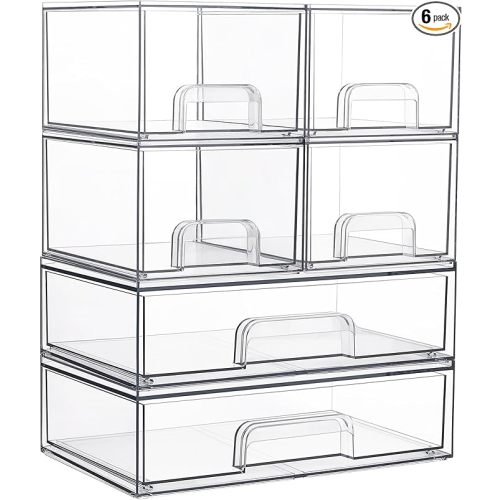 Vtopmart Stackable Storage Drawers Set of 6, Clear Plastic Organizer Bins for Bathroom Supplies,Ideal for Cabinet,Pantry,Laundry Room Organization