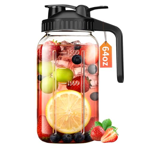 64 oz Mason Jar Pitcher with Lid, Airtight & Leakproof Glass Pitcher | 2 Quart (1/2 Gallon) Mason Jar with Pour Spout, Easy-Grip Handle, Wide Mouth, Cold Brew and Breastmilk, Iced Tea, Sun Tea