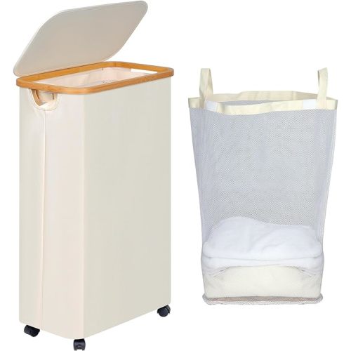 efluky Slim Laundry Hamper with Wheels, Narrow Laundry Basket with Lid and Removable Bag, Aesthetic Dirty Clothes Hamper on Wheels for Laundry Room, Bedroom, Dorm and Bathroom, 75L Beige