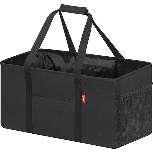 LHZK Standing Extra Large Utility Tote Bag with Metal Wire Frame and the Sides Rinforced, Extra Large Tote Bag with Handle, Reusable Grocery Bags Foldable, Beach Bag, Car Tote (Black, 26''x15''x13'')