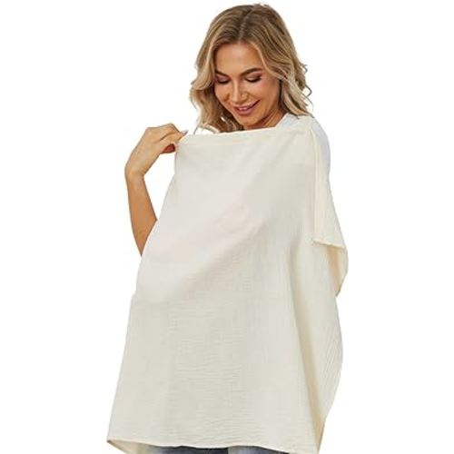 PPOGOO Muslin Nursing Cover for Baby Breastfeeding, Breathable Privacy Nursing Covers for Mom 100% Cotton Breastfeeding Cover with Rigid Hoop for Mother Nursing Apron (Beige)